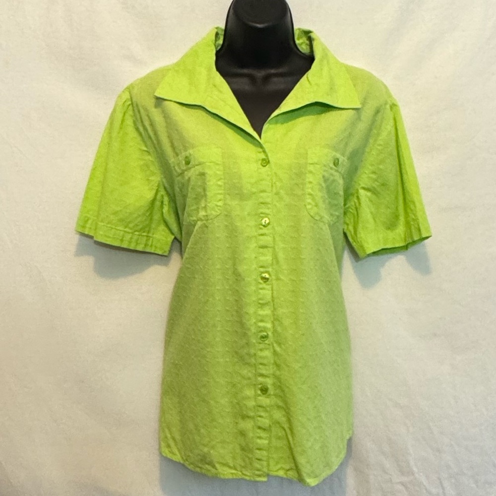 C-148 Kim Rogers Green Short Sleeve Button Down Blouse Size L